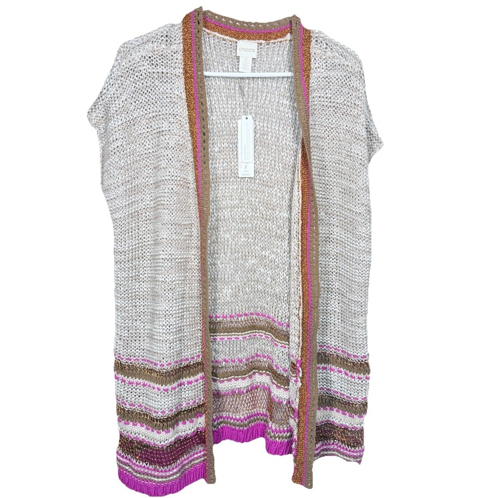 Chicos Crochet Cardigan Beachy Festival Boho Coastal Open Knit NWT Sz 2/L